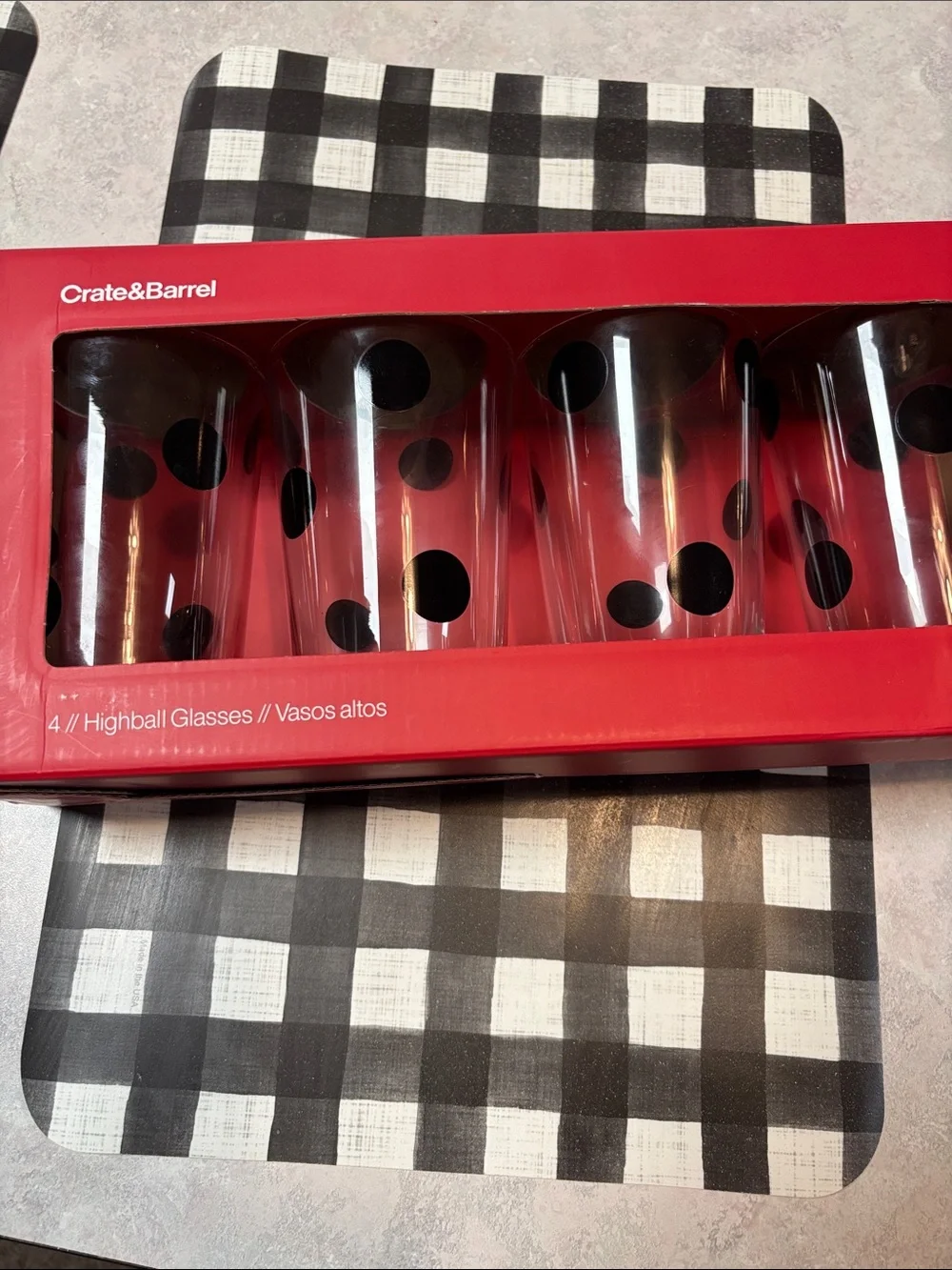 Crate&Barrel Red Box with Black Polka Dot Highball Glasses